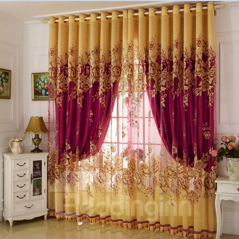 Klassische burgunderrote Verdunkelungsvorhänge, vergoldete Schnitzerei, durchsichtiges und solides Futter, Wohnzimmer-Schlafzimmer-Vorhang-Sets, kein Pilling (84 W x 84 Zoll L) 