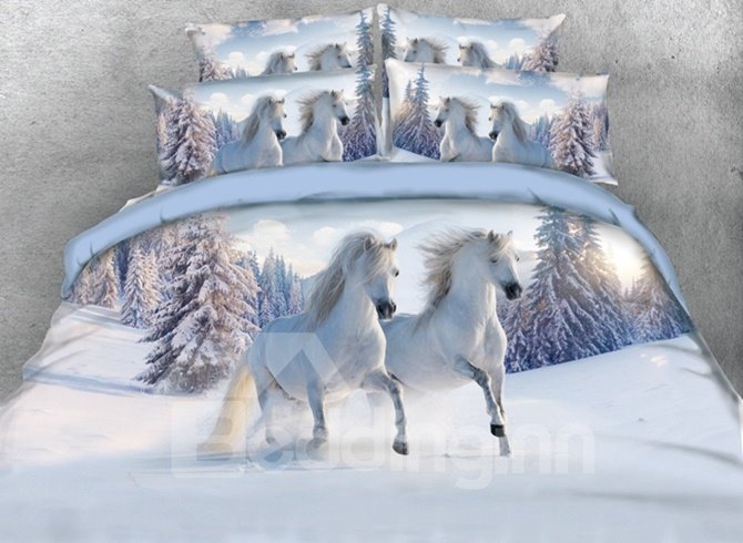 White Horses Printed Polyester 4-Piece 3D Bedding Sets/Duvet Covers (Queen)