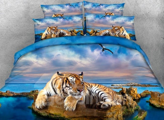 Yellow Tiger and Blue Ocean Printed Polyester 4-Piece 3D Bedding Sets/Duvet Covers (Twin)