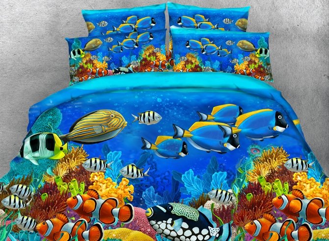 Underwater Sea Fish Scenery Printed 4pcs 3D Bedding Sets Zipper Colorfast Creative Duvet Cover (Queen)