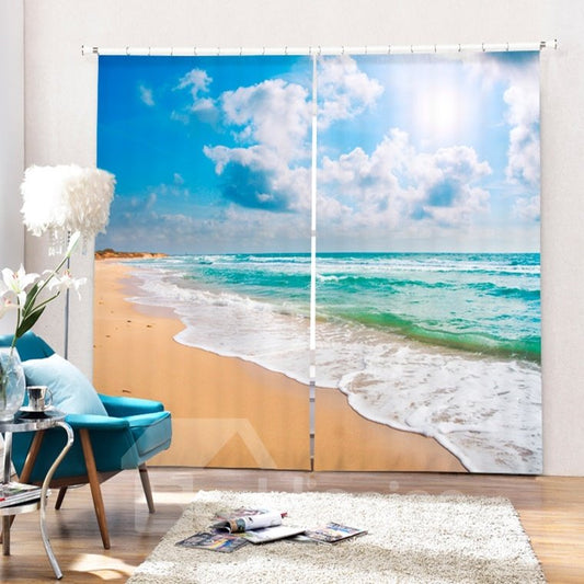Benutzerdefinierter Wohnzimmervorhang mit 3D-Wellen und weißen Wolken, bedruckt mit Strandlandschaft (104 W x 84 Zoll L)