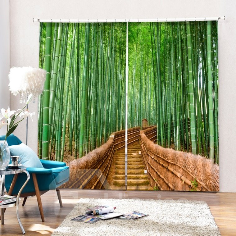 Grüner Bambus auf beiden Seiten des Weges, bedruckt, 2 Bahnen, individueller 3D-Vorhang (80 B x 84 Zoll L)