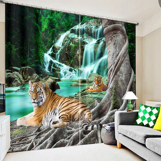 3D Couple Tigers Crouching near the Waterfall Printed Custom Blackout Curtain for Living Room (104W*84"L)
