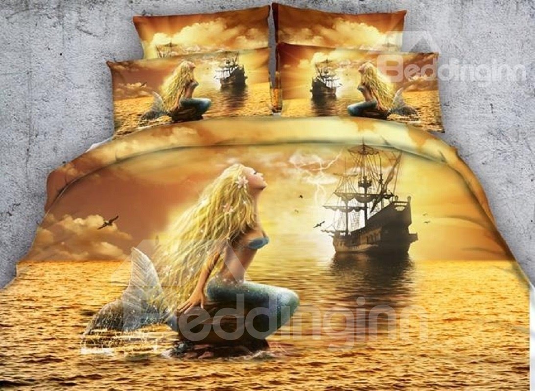 3D Ocean Ghost Ship and Mermaid Print Bedding Set Yellow 4-Piece Duvet Cover Set Soft No-fading Polyester (King)