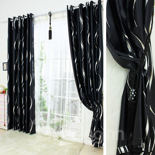 Contemporary Concise Black with White Wave Printing Blackout Custom Curtain (114W*63"L)