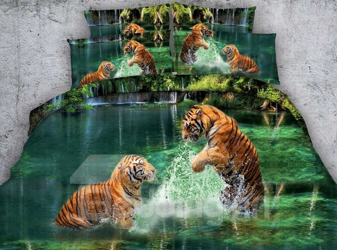 3D Two Tigers Playing in Water Printed 5-Piece Comforter Set Green Bedding Set Polyester (King)