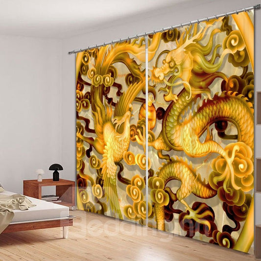 3D Dragon and Phoenix Printed Chinese Style 2 Pieces Bedroom Shading Curtain (118W*106"L)