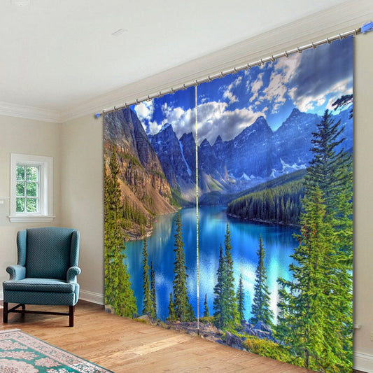Blauer See und Berge am sonnigen Tag, 3D-gedruckter Vorhang (118 W x 106 Zoll L)
