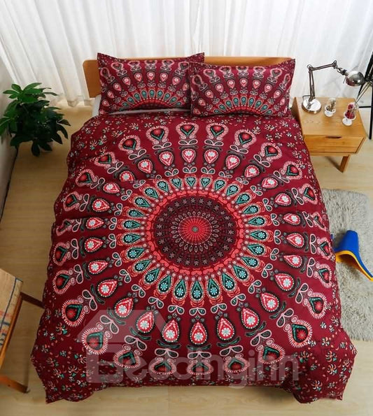Bohemian Peacock Mandala Style Red 3-Piece Bedding Sets/Duvet Cover Skin-friendly All-Season Ultra-soft Microfiber No-fa (Queen)