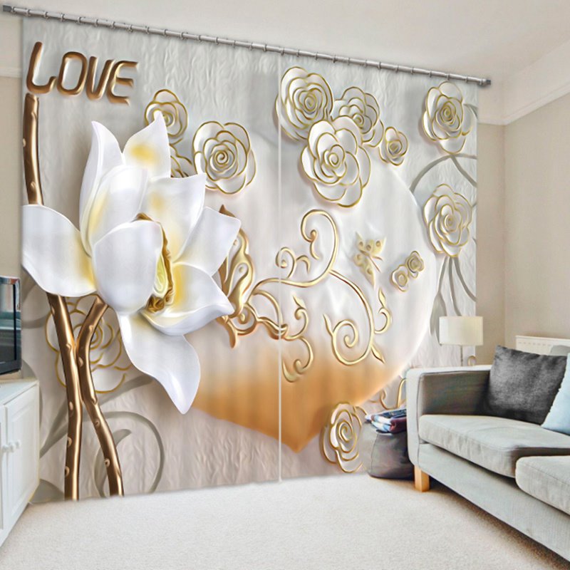 Elegant and Cozy Beige Flowers Craved Polyester Custom Decorative and Blackout 3D Curtain (80W*84"L)