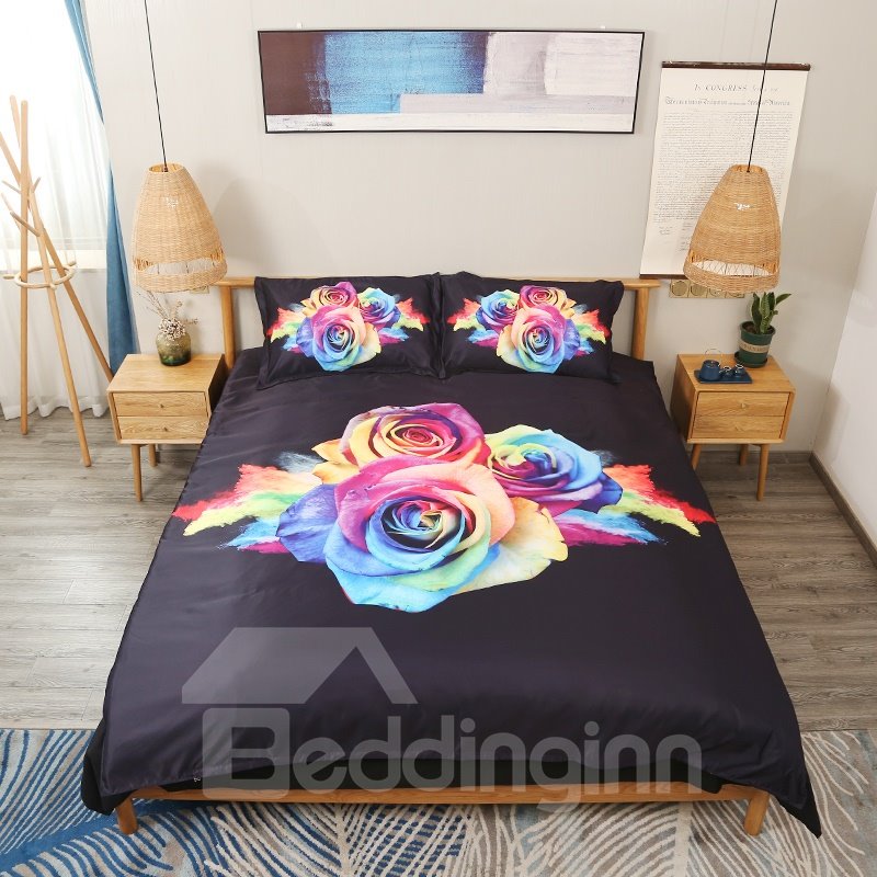 3D Rainbow Roses 4-Piece Bedding Set/Duvet Cover Set Black Soft Endurable Skin-friendly Polyester (Queen)