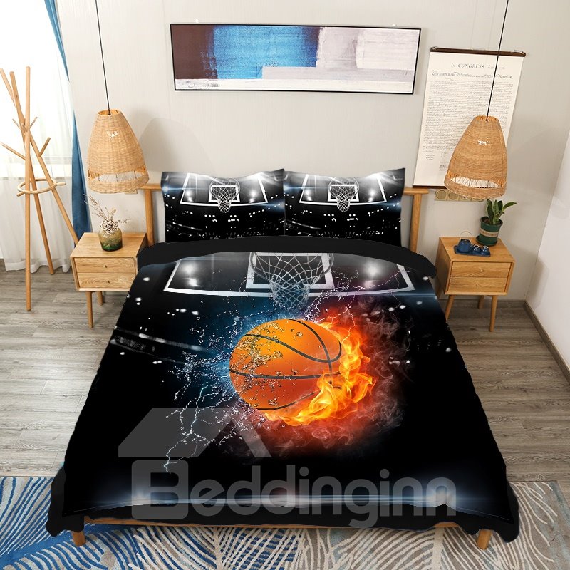 Basketball in Fire and Water 3D 4Pcs Duvet Cover Set/Bedding Set for Teen Boys Black (Queen)