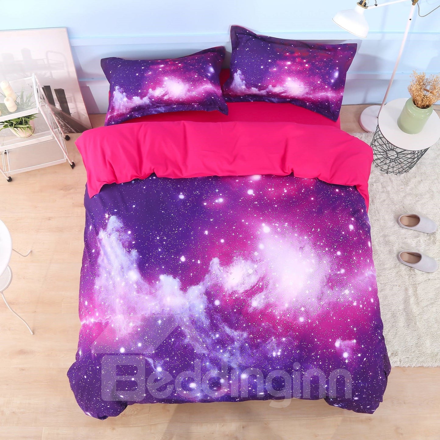 Galaxy Cluster Printed 4-Piece 3D Purple Bedding Set/Duvet Cover Set (King)