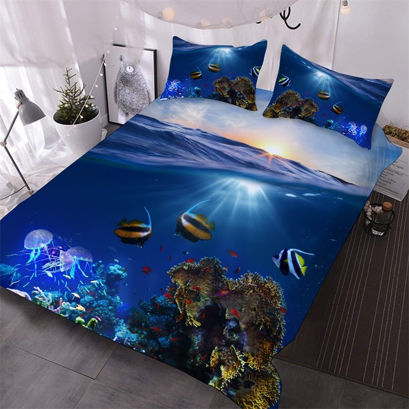 The Underwater World Seen Through The Sea 3D Printed 3-Piece Comforter Set/Bedding Set Blue (Queen)