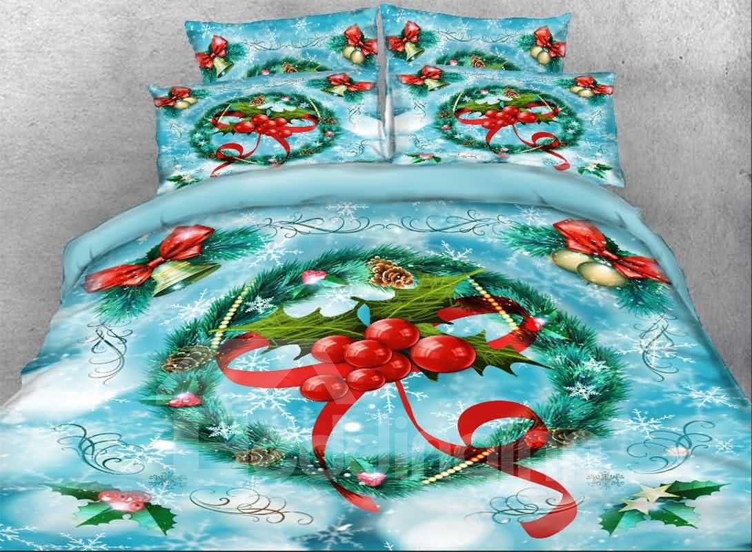 3D-Bettbezug-Set mit blauem Weihnachts-Bettwäsche-Kranz und roten Beeren, bedruckt, 4-teilig, farbecht, verschleißfest, langlebig, Ski (King) 