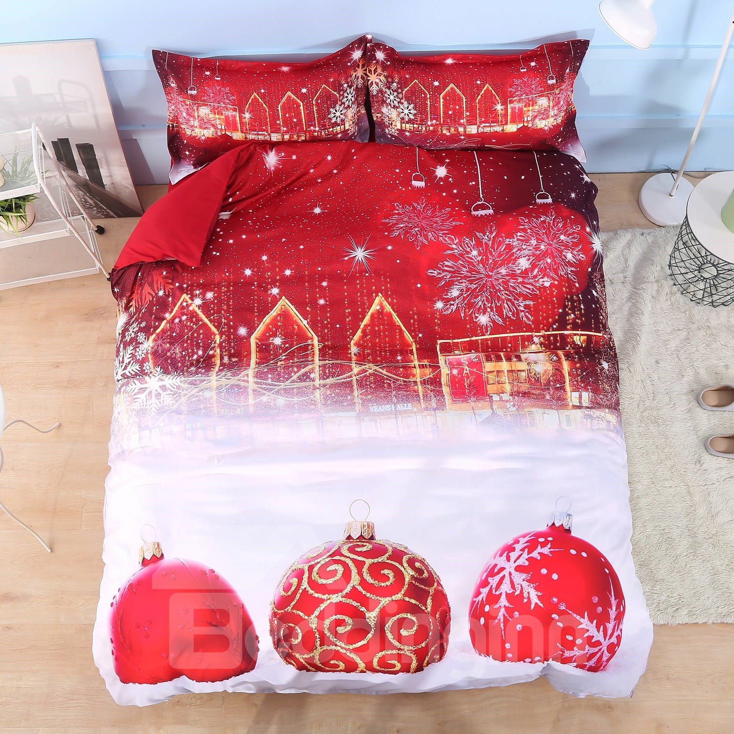 Adornos de bolas de Navidad rojas, juegos de cama de poliéster de 4 piezas con estampado 3D, fundas de edredón que no destiñen, resistentes al desgaste, duraderos S (King)
