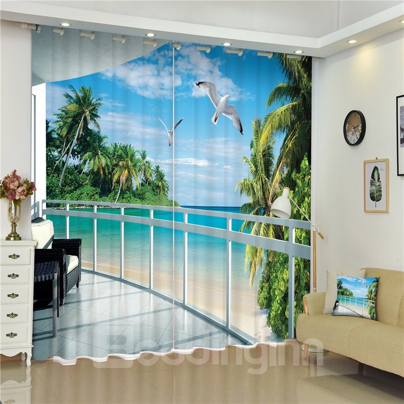 Flying Seagulls and Blue Water Thick Polyester Beach Scenery 2 Panels Bedroom 3D Curtain (104W*84"L)
