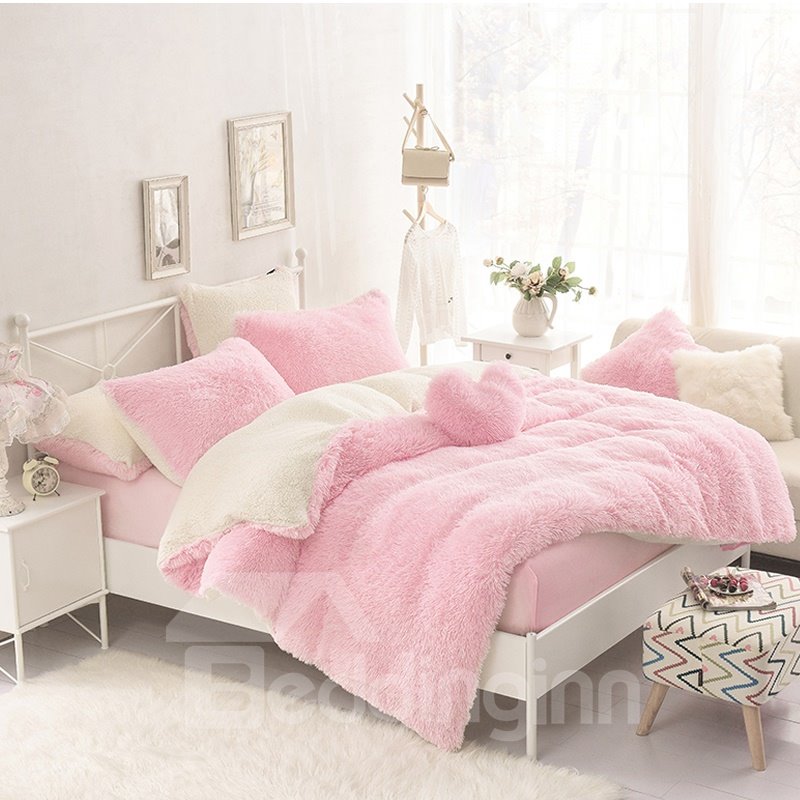 Solid Pink and Creamy White Color Block 4-Piece Fluffy Bedding Sets/Duvet Cover (Full)