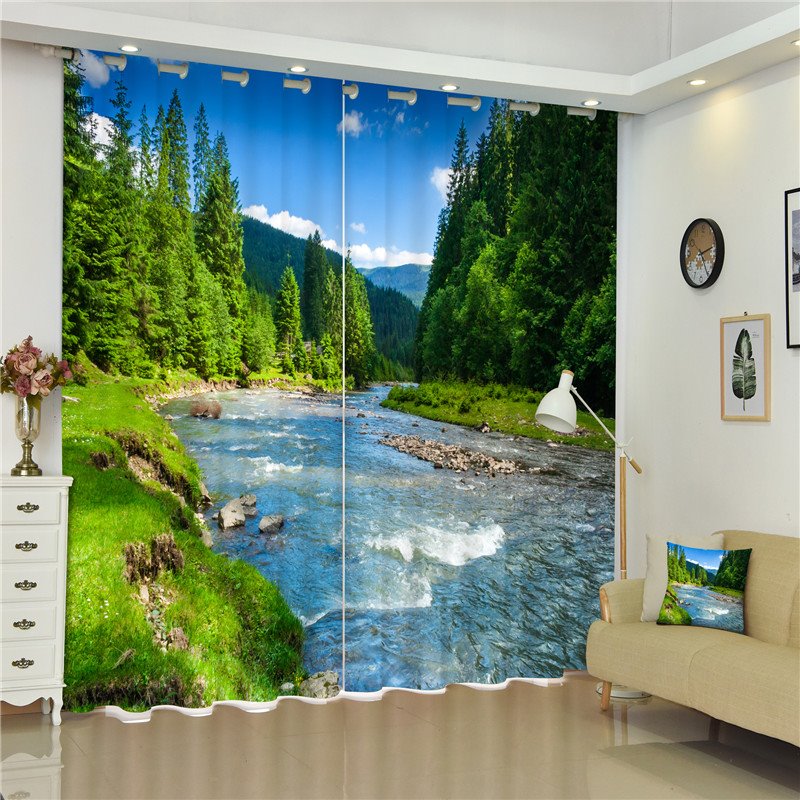 Fließender Fluss mit dichtem Wald, dicker Polyester-3D-dekorativer individueller Wohnzimmervorhang (118 W x 106 Zoll L)