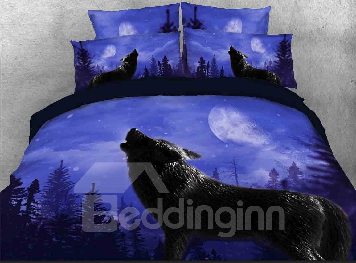 Howling Wolf Printed 3D 4-Piece Animal Print Bedding Sets/Duvet Cover Set Blue (Queen)