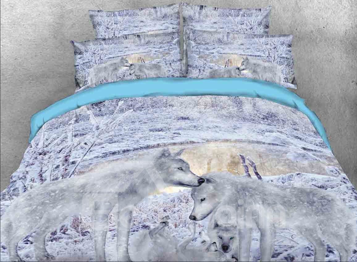 3D Snow Wolf Family Printed 4-Piece Duvet Cover Set Animal Print Bedding Set (King)