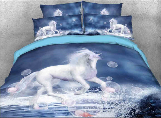 White Unicorn and Bubbles Printed 4-Piece 3D Bedding Sets/Duvet Cover Set Microfiber (King)