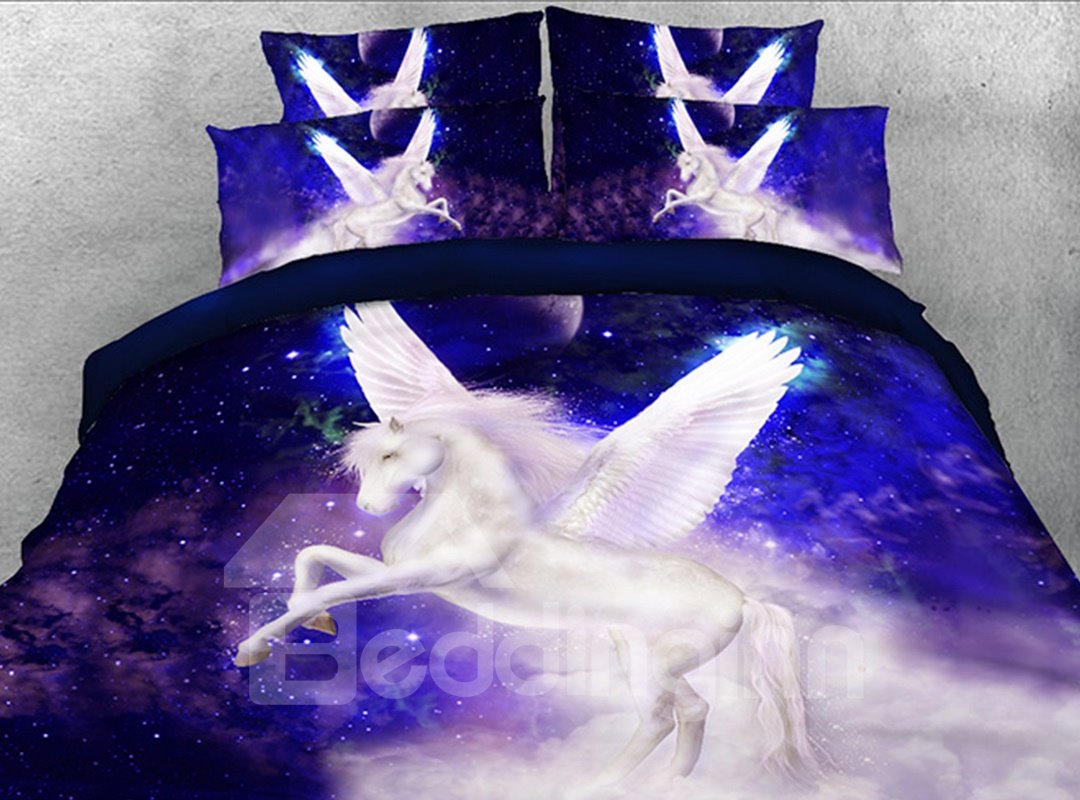 White Unicorn with Wings Printed 4-Piece 3D Bedding Sets/Duvet Covers Microfiber Purple (King)