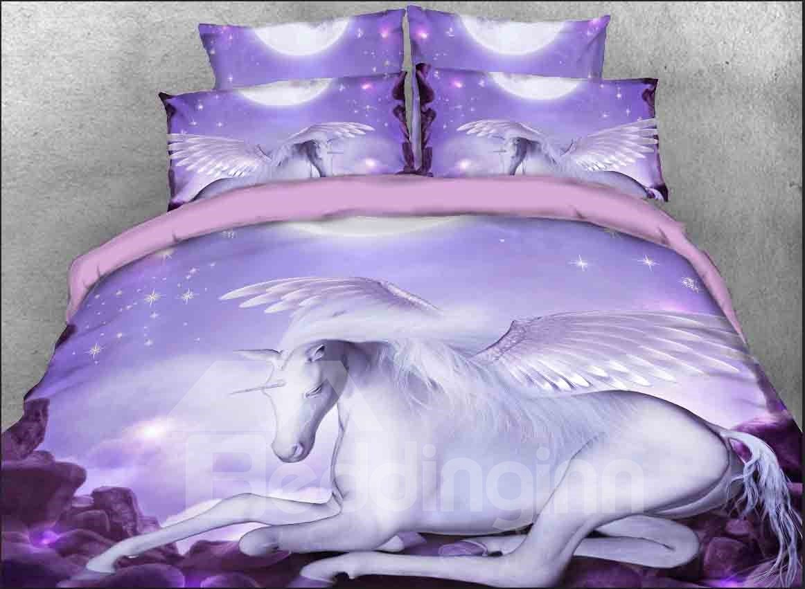 White Unicorn 4-Piece 3D Purple Duvet Cover Set/Bedding Set Durable Comforter Cover with Non-slip Ties Wrinkle/Fade Resi (King)