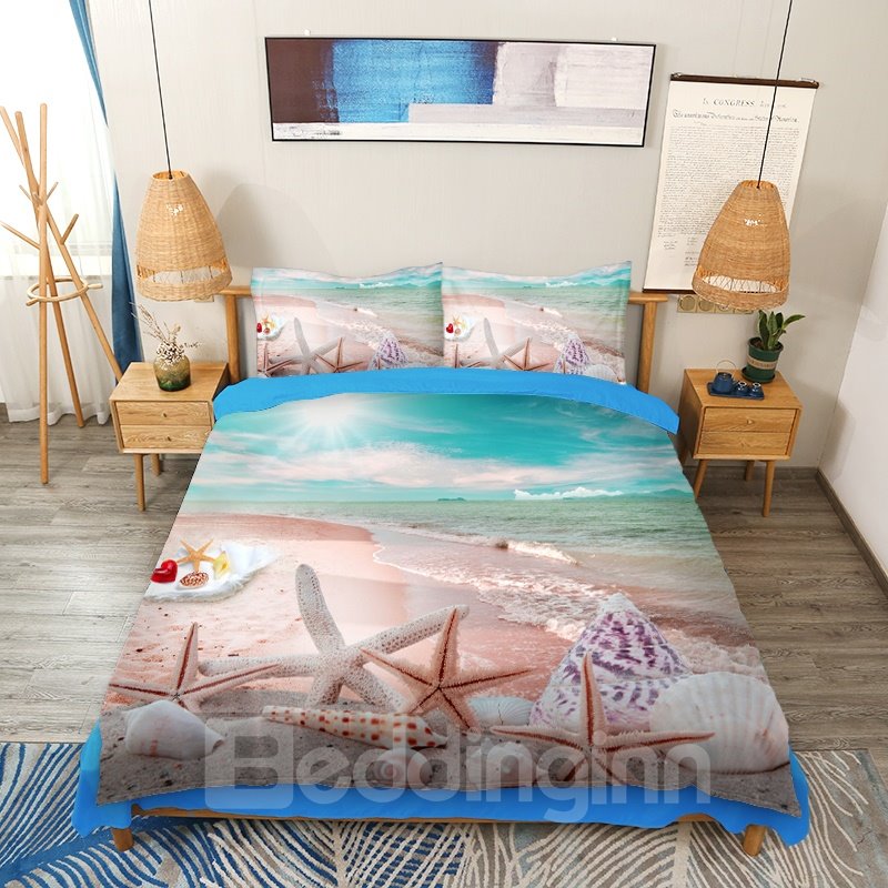 Starfish Shells Beach 4-Piece 3D Scenery Bedding Set/Duvet Cover Set Blue Soft Skin-friendly Microfiber (Full)