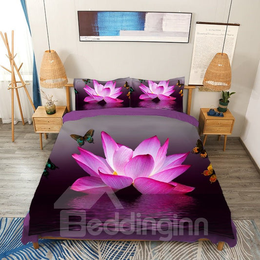 3D Pink Lotus and Butterfly Print 4-Piece Duvet Cover Set Floral Bedding Soft Skin-friendly Microfiber (Queen)