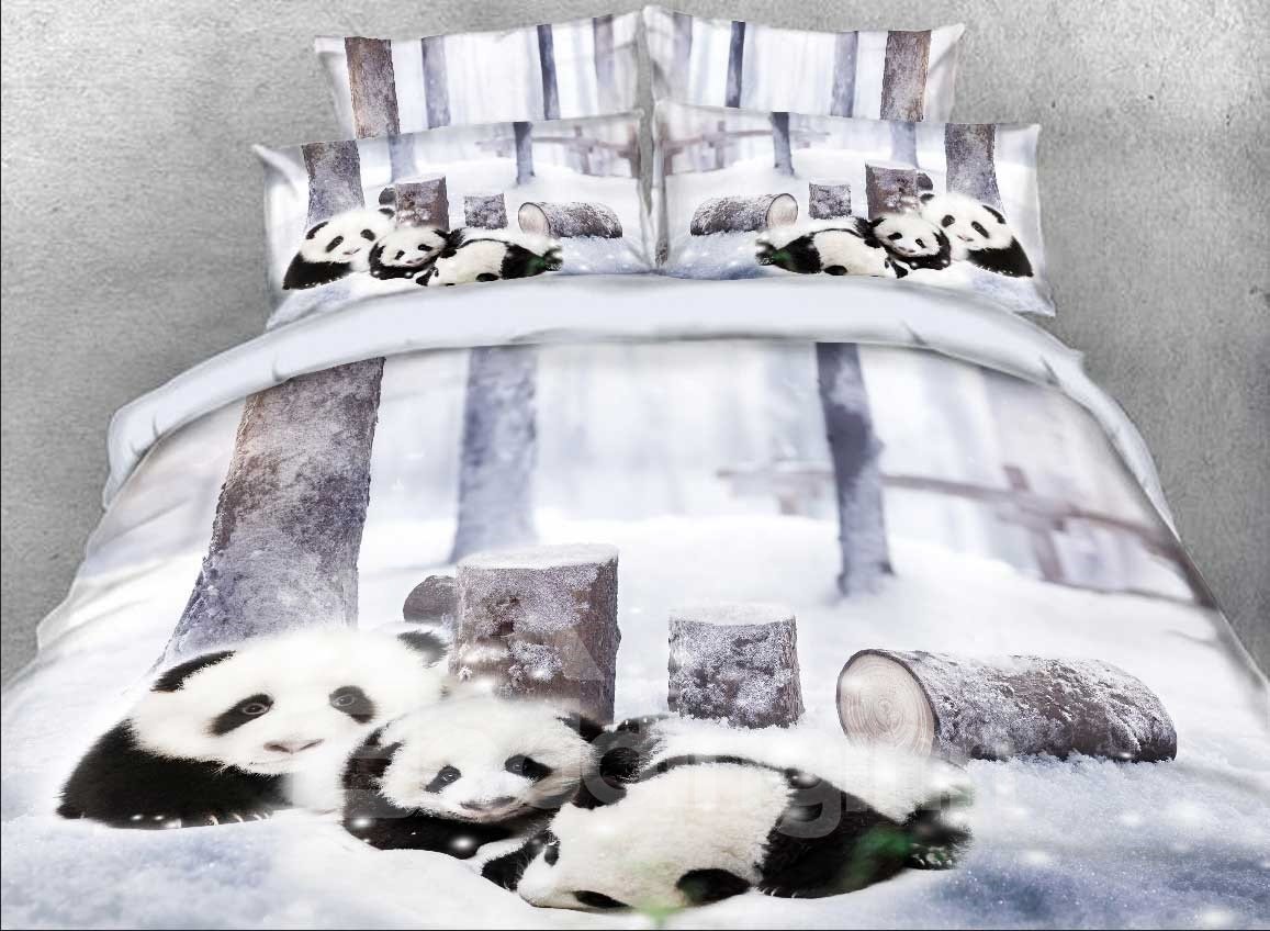Panda Cub in Snow Printed 4-Piece 3D Bedding Sets/Duvet Cover Set (King)