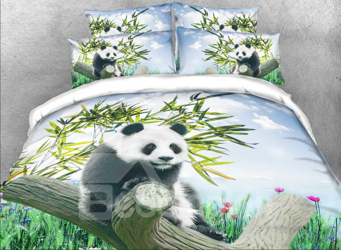 Panda and Bamboo Chinoiserie 4-Piece 3D Bedding Sets with Hidden Zipper Duvet Cover Envelope Pillowcases and White Sheet (King)
