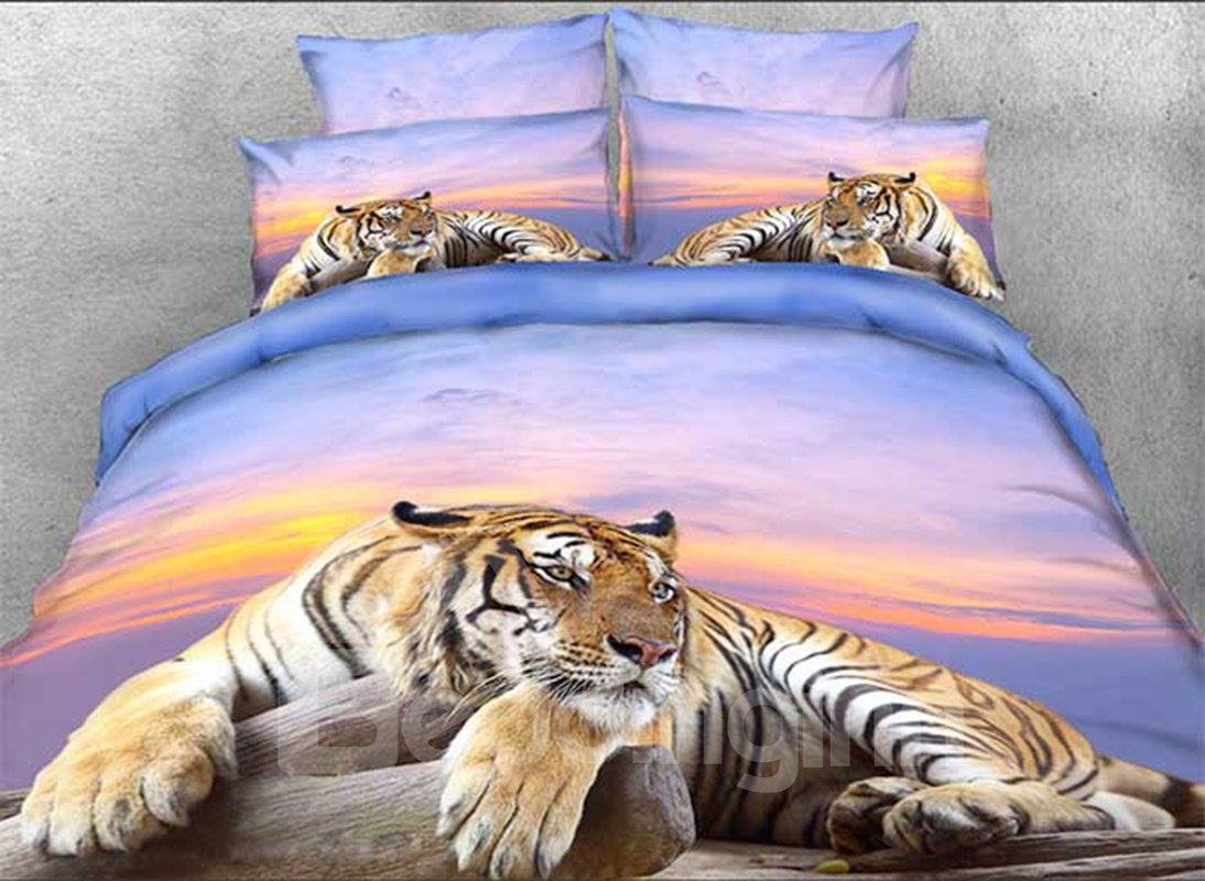 Tiger Crouching on a Rock 3D Animal Print Bedding Set 4-Piece Duvet Cover Set Sunset Scenery (Queen)