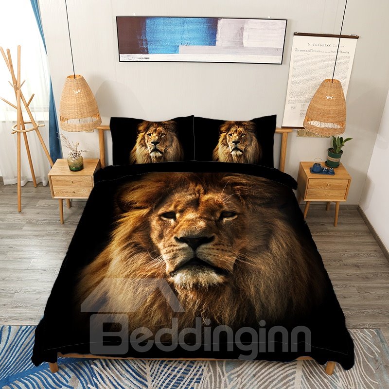 Lion Face Animal Printed 3D Duvet Cover Set 4-Piece Black Bedding Set Colorfast Wear-resistant Endurable Skin-friendly A (King)
