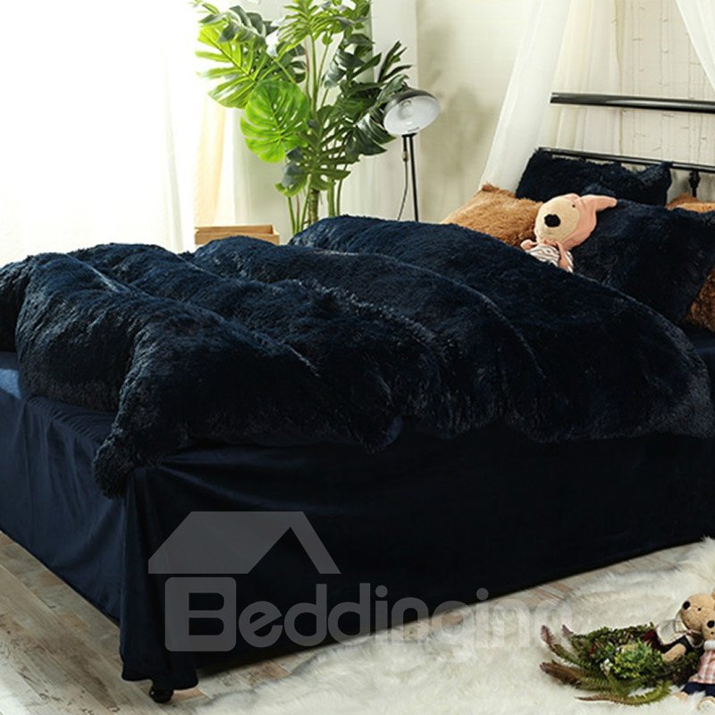 Full Size Navy Blue Super Soft Plush 4-Piece Fluffy Bedding Sets/Duvet Cover (Full)