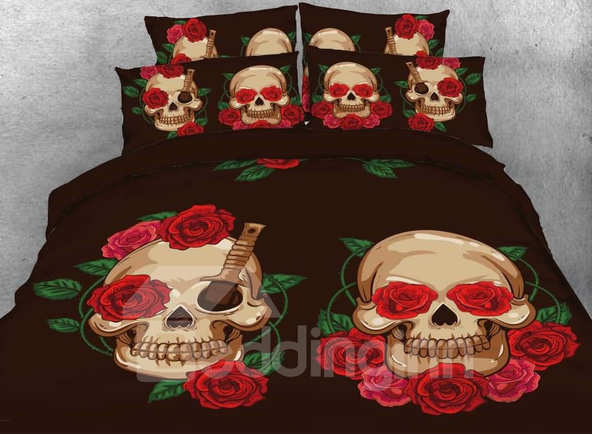 Halloween Skull and Red Rose Printed 4-Piece 3D Bedding Sets/Duvet Covers Microfiber (Queen)