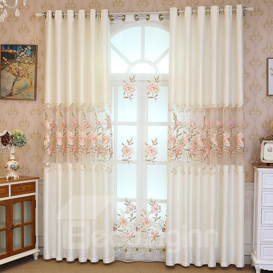 Beige Chenille with Embroidered Pink Peach Flowers Romantic and Elegant Living Window Drapes (114W*96"L)