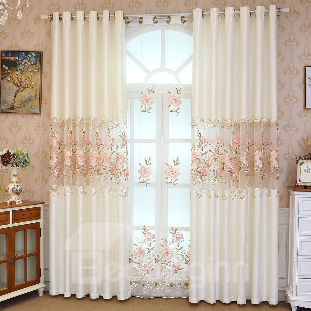 Chenilla beige con flores de melocotón rosa bordadas, cortinas para ventanas románticas y elegantes (114 W*96 "L)