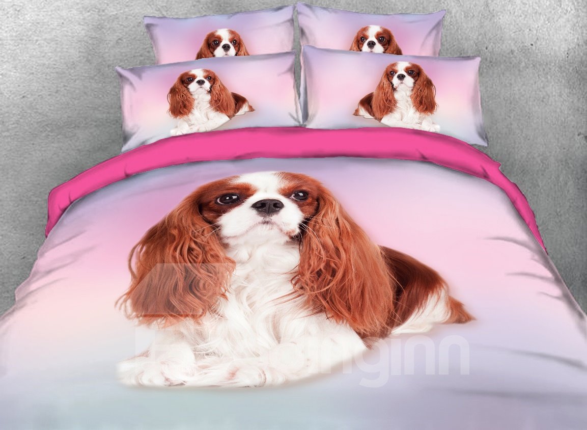 Cavalier King Charles Spaniel Dog Printed 3D 4-Piece Bedding Set/Duvet Cover Set Pink (King)