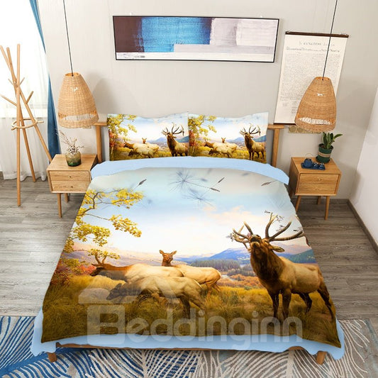 Elk Family On the Autumn Grassland Printed 3D 4-Piece Animal Print Bedding Set/Duvet Cover Set (Queen)