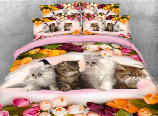 Kittens and Colorful Tulips Cat 3D 4-Piece Animal Print Bedding Set/Duvet Cover Set (Queen)