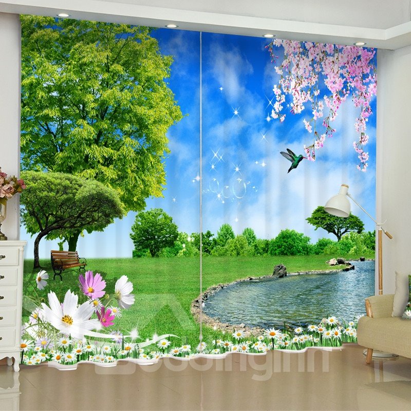 3D-Vorhang für Wohnzimmer mit grünem Grasland und klarem Fluss, bedruckt, 2 Bahnen (104 W x 95 Zoll L)