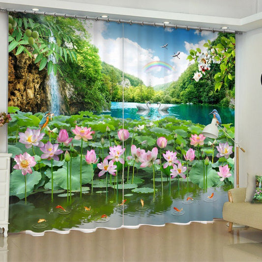 3D White Gooses and Lotus with Rainbow Printed Custom Curtain for Living Room Curtain (104W*95"L)