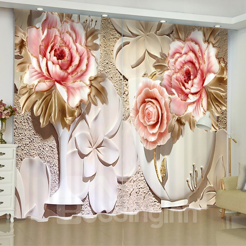 3D Elegant Pink Flowers Printed Artificial Work Decorative Blackout and Dust-proof Custom Curtain for Living Room Bedroo (104W*95"
