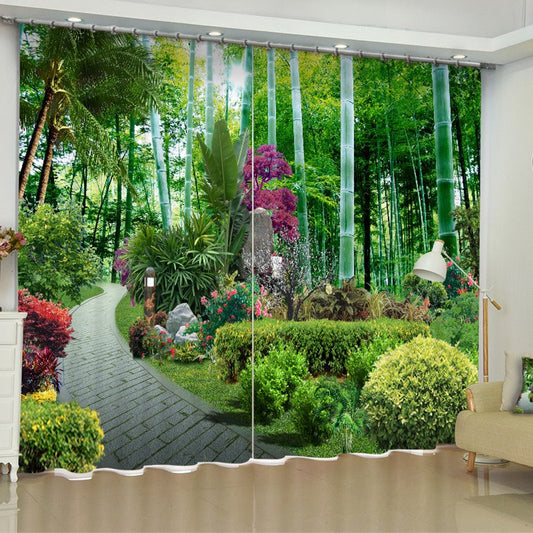 Grüner Garten und Schieferstraße, bedruckt, 2 Bahnen, dekorativer 3D-Vorhang (118 W x 106 Zoll L)