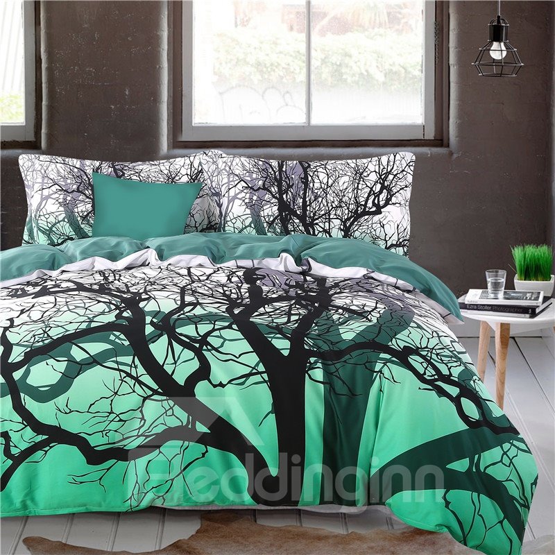 Adorila 60S Brocade Tree Branches Cluster Printed 4-Piece Cotton Green Bedding Sets (King)