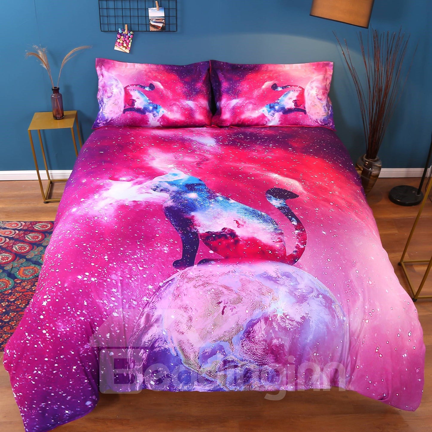 3D Red Galaxy Cat Printed 4-Piece Bedding Sets/Duvet Cover Set Queen King Size (Queen)