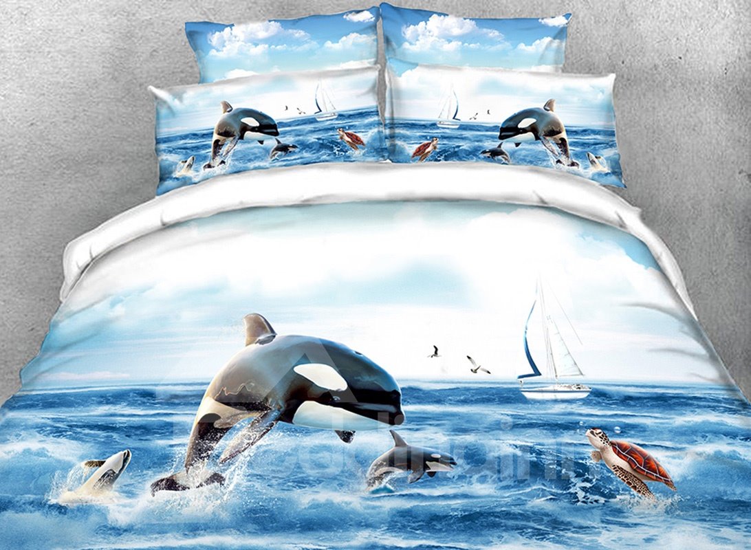 Orcinus Orca Printed 4-Piece 3D Bedding Set Blue Sea Duvet Cover Set (King)