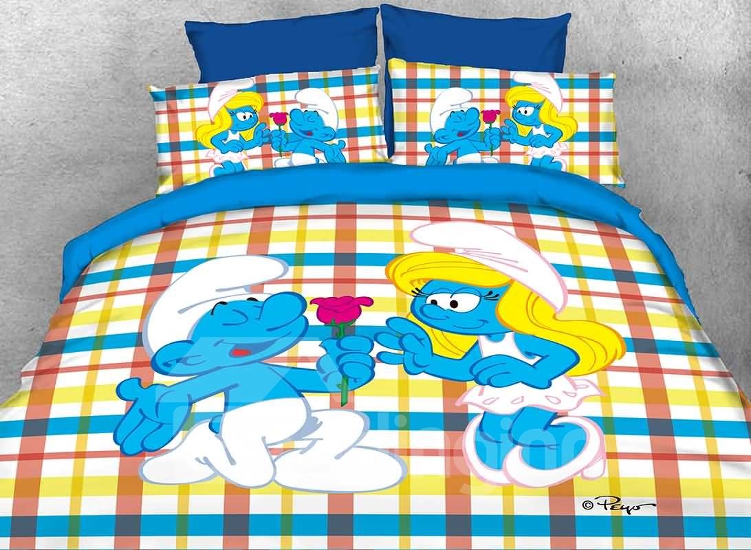 Courting Smurf Smurfette Valentine Printed 4-Piece Bedding Sets/Duvet Covers (Queen)