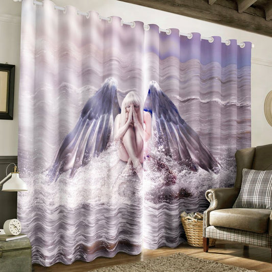Bezaubernder 3D-Engel mit Flügeln, bedrucktes Polyester, 2 Bahnen, individueller Fenstervorhang (80 W x 84 Zoll L)
